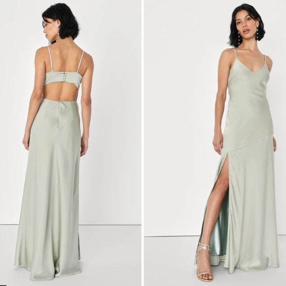LULU's Bridesmaid Prom Wedding Sexy Open Back Satin Sage Green Maxi Dress - Picture 3 of 4